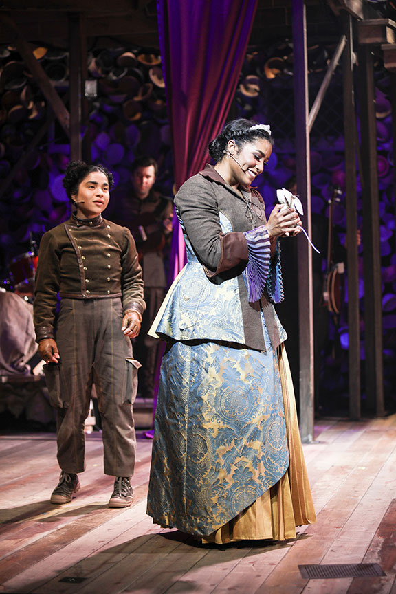 (from left) Bianca Norwood as Despereaux and Taylor Iman Jones as Princess Pea with Ben Ferguson, in The Tale of Despereaux, book, music, and lyrics by PigPen Theatre Co., based on the novel by Kate DiCamillo and the Universal Pictures animated film, directed by Marc Bruni and PigPen Theatre Co., running July 6 – August 11, 2019 at The Old Globe. Photo by Jim Cox.