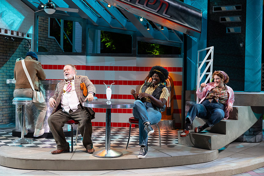 (from left) Carter Piggee as Robin, Tom McGowan as Falstaff, Madeline Grace Jones as Pistol, and Bernadette Sefic as Nym in Shakespeare’s The Merry Wives of Windsor. Photo by Rich Soublet II.