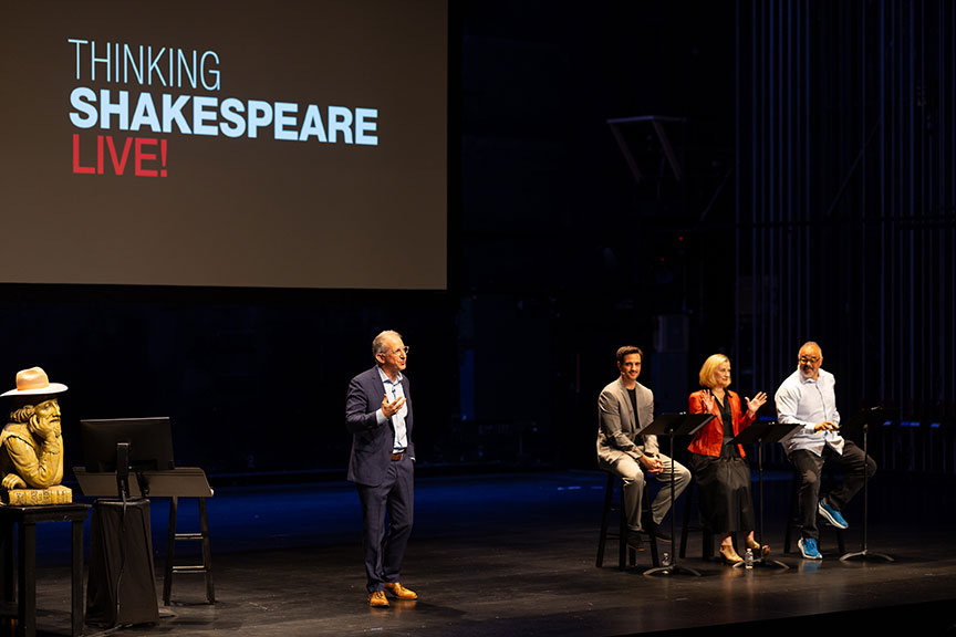 (from left) Erna Finci Viterbi Artistic Director Barry Edelstein hosts Thinking Shakespeare Live! with Jose Balistrieri, Angela Pierce, and Cornell Womack, 2023. Photo by Rich Soublet II.