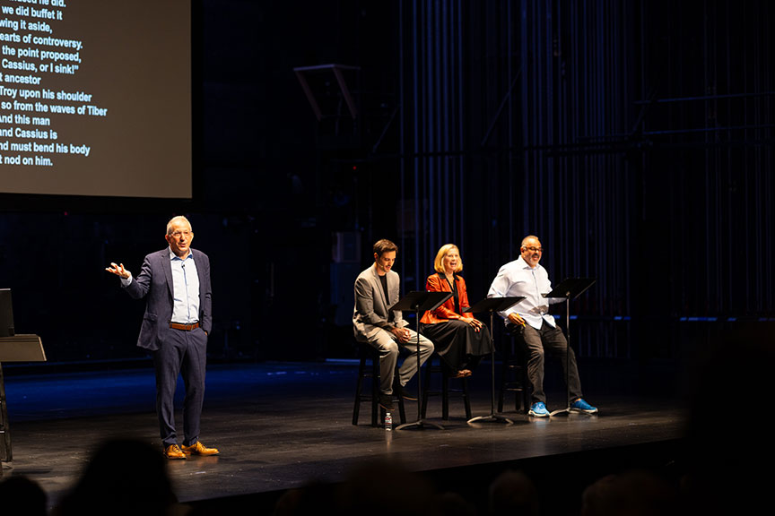 (from left) Erna Finci Viterbi Artistic Director Barry Edelstein hosts Thinking Shakespeare Live! with Jose Balistrieri, Angela Pierce, and Cornell Womack, 2023. Photo by Rich Soublet II.