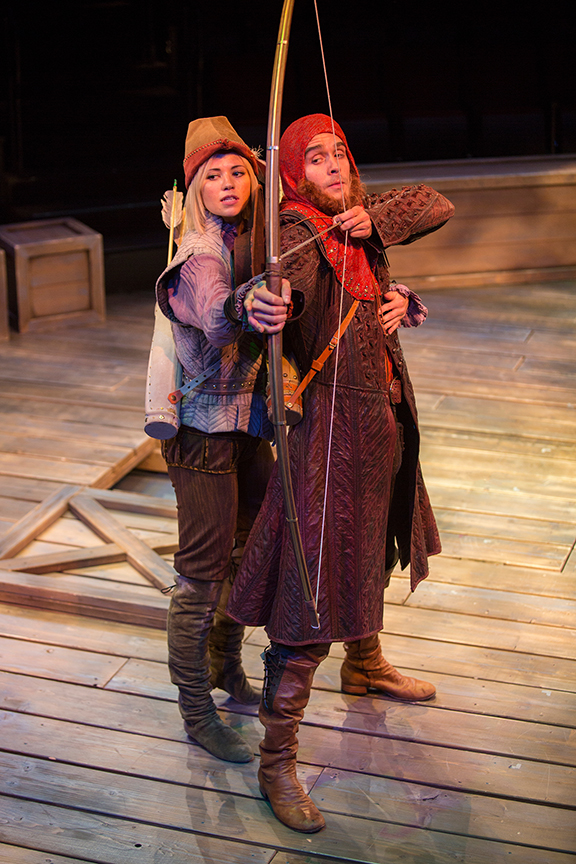 Meredith Garretson as Maid Marian and Daniel Reece as Robin Hood in the Globe-commissioned world premiere of Ken Ludwig's Robin Hood!, running July 22 - August 27, 2017 at The Old Globe. Photo by Jim Cox.