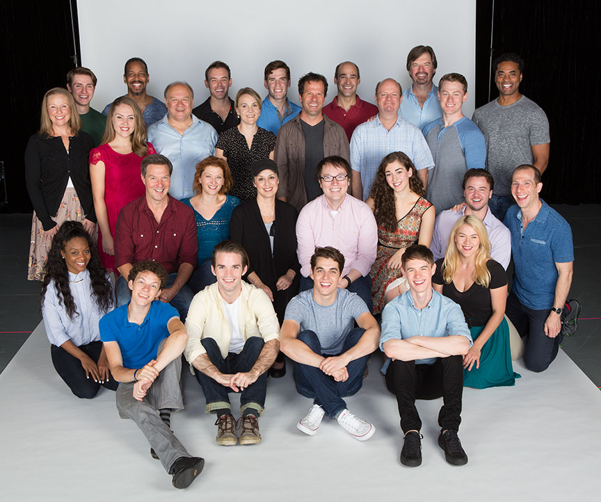 Director and choreographer Rachel Rockwell and composer and lyricist Michael Mahler (center) with the cast of the West Coast premiere of October Sky, with book by Brian Hill and Aaron Thielen, music and lyrics by Michael Mahler, directed and choreographed by Rachel Rockwell, inspired by the Universal Pictures film and Rocket Boys by Homer H. Hickam, Jr., running Sept. 10 - Oct. 23, 2016 at The Old Globe. Photo by Jim Cox.