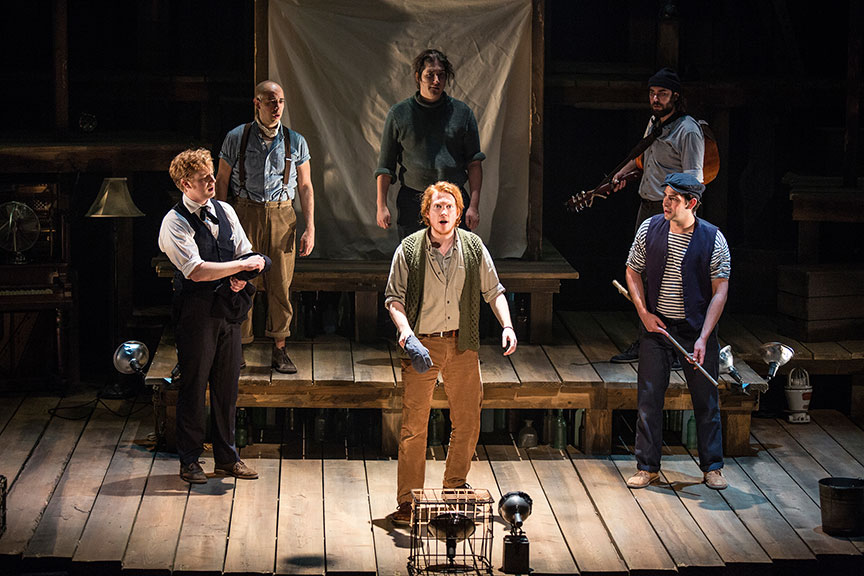 The cast of PigPen Theatre Co.’s The Old Man and The Old Moon. Directed by Stuart Carden and PigPen Theatre Co., the show’s West Coast premiere runs at May 13 – June 18, 2017 at The Old Globe. Photo by Jim Cox.