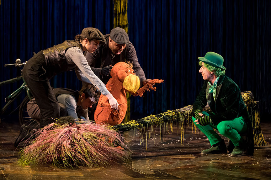 (from left) Meghan Kreidler, Rick Miller, and H. Adam Harris as The Lorax and Steven Epp as The Once-ler in Dr. Seuss's The Lorax, running July 2 – August 12, 2018 at The Old Globe. Photo by Dan Norman. 