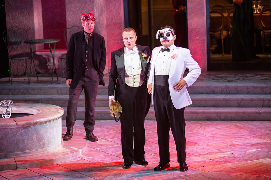 (from left) Eric Weiman as Borachio, Manoel Felciano as Don John, and Carlos Angel-Barajas as Claudio in Much Ado About Nothing, by William Shakespeare, directed by Kathleen Marshall, runs August 12 – September 16, 2018 at The Old Globe. Photo by Jim Cox.