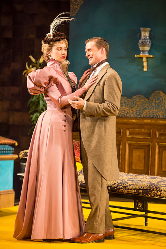 Kate Abbruzzese as The Hon. Gwendolen Fairfax and Matt Schwader as John Worthing in The Importance of Being Earnest, by Oscar Wilde, directed by Maria Aitken, running January 27 – March 4, 2018 at The Old Globe. Photo by Jim Cox. 