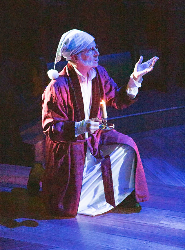 Robert Joy as Ebenezer Scrooge in Ebenezer Scrooge's BIG San Diego Christmas Show, running November 23 – December 29, 2019 at The Old Globe. Photo by Jim Cox.