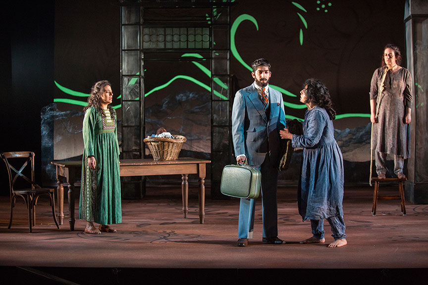 (from left) Nadine Malouf as Laila, Jason Kapoor as Jalil, Denmo Ibrahim as Mariam, and Lanna Joffrey as Nana in A Thousand Splendid Suns, written by Ursula Rani Sarma, based on the book by Khaled Hosseini, directed by Carey Perloff, and co-produced by American Conservatory Theater, runs May 12 – June 17, 2018 at The Old Globe. Photo by Jim Cox.