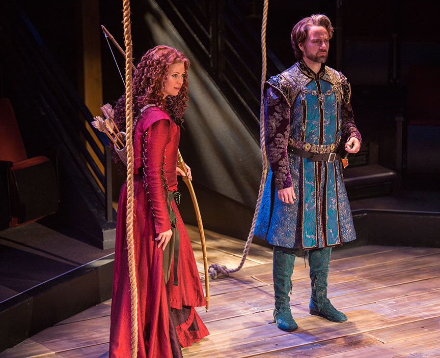 Meredith Garretson as Maid Marian and Manoel Felciano as Sir Guy of Gisbourne in the Globe-commissioned world premiere of Ken Ludwig's Robin Hood!, running July 22 - August 27, 2017 at The Old Globe. Photo by Jim Cox.