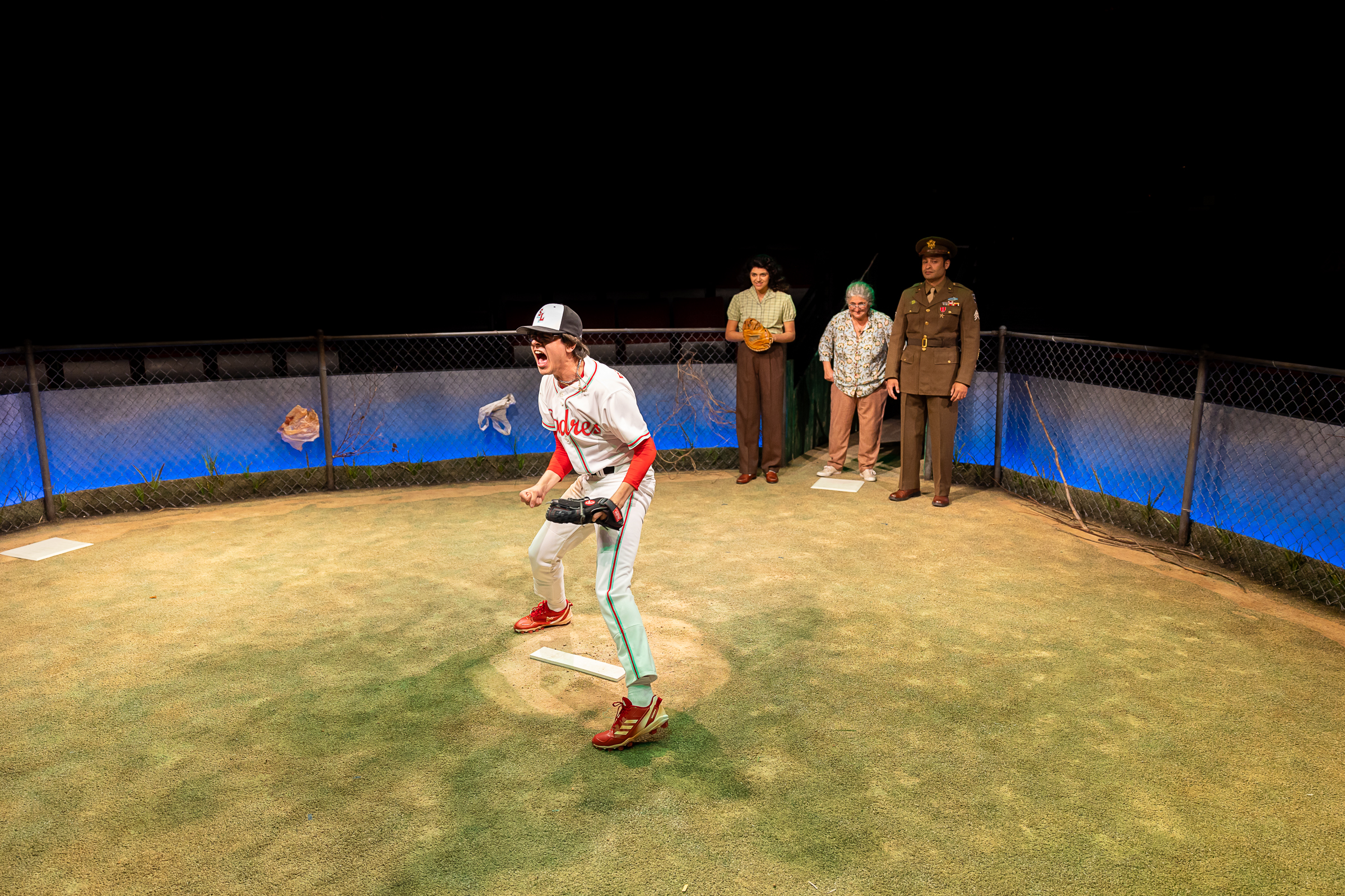 (from left) Diego Josef as Teo, Ana Nicolle Chavez as Paloma, Laura Crotte as Elí, and Cesar J. Rosado as Santiago in The Old Globe’s Under a Baseball Sky, February 11 – March 12, 2023. Photo by Rich Soublet II.