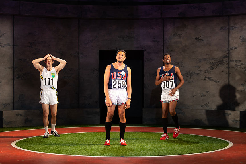 (from left) Patrick Marron Ball as Pete, Biko Eisen-Martin as John Carlos (Los), and Korey Jackson as Tommie in The Old Globe’s production of The XIXth. Photo by Rich Soublet II.