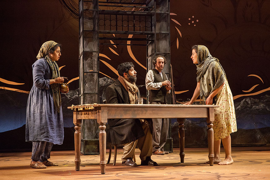(from left) Denmo Ibrahim as Mariam, Jason Kapoor as Abdul Sharif, Haysam Kadri as Rasheed, and Nadine Malouf as Laila in A Thousand Splendid Suns, written by Ursula Rani Sarma, based on the book by Khaled Hosseini, directed by Carey Perloff, and co-produced by American Conservatory Theater, runs May 12 – June 17, 2018 at The Old Globe. Photo by Jim Cox.