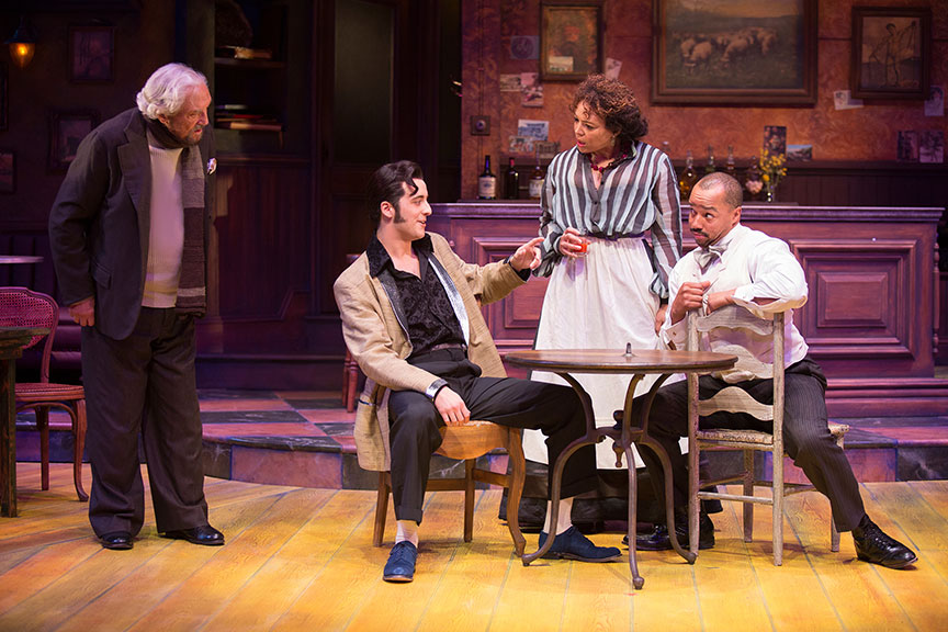 (from left) Hal Linden as Gaston, Kevin Hafso-Koppman as Visitor, Luna Veléz as Germaine, and Donald Faison as Freddy in Picasso at the Lapin Agile, by Steve Martin, directed by Barry Edelstein, running February 4 - March 12, 2017 at The Old Globe. Photo by Jim Cox.