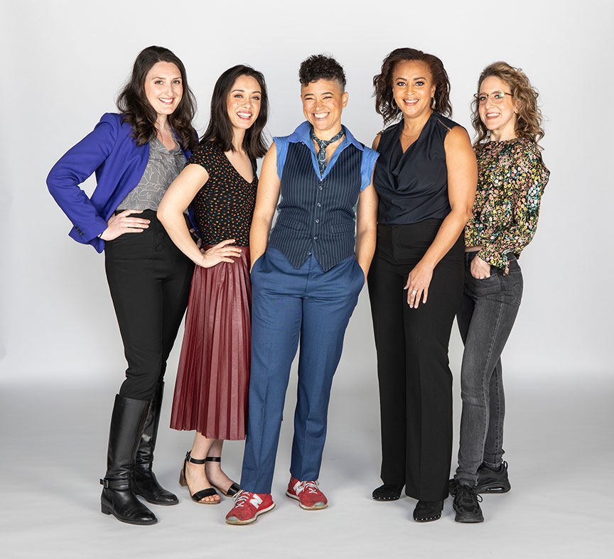 (from left) Liz Wisan, Jennifer Paredes, Rami Margron, Opal Alladin, and Jenn Harris appear in the West Coast premiere of Hurricane Diane by Madeleine George, directed by James Vásquez, February 8 – March 8, 2020 at The Old Globe. Photo by Jim Cox.