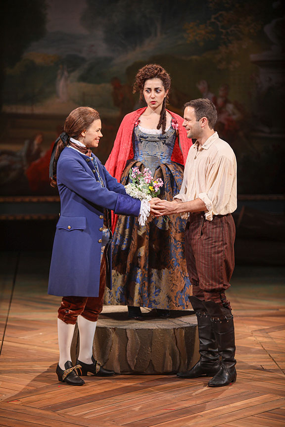 Meredith Garretson as Ganymede, Nikki Massoud as Celia, and Jon Orsini as Orlando in As You Like It, by William Shakespeare, directed by Jessica Stone, running June 16 – July 21, 2019 at The Old Globe. Photo by Jim Cox.