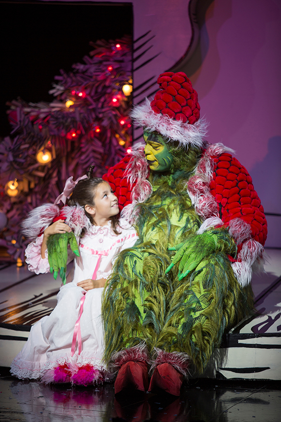 Mia Davila as Cindy-Lou Who and J. Bernard Calloway as The Grinch in Dr. Seuss’ How the Grinch Stole Christmas!, directed by James Vásquez, running Nov. 5 – Dec. 26, 2016 at The Old Globe. Photo by Jim Cox.