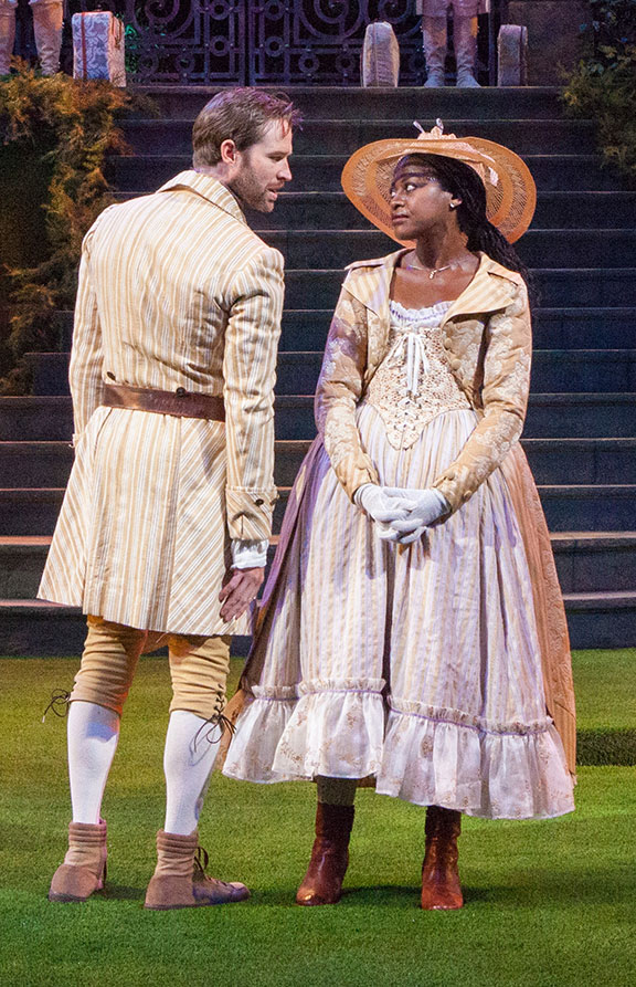 Kieran Campion as Berowne and Pascale Armand as Rosaline in William Shakespeare's Love's Labor's Lost, directed by Kathleen Marshall, running August 14 - September 18, 2016 at The Old Globe. Photo by Jim Cox.