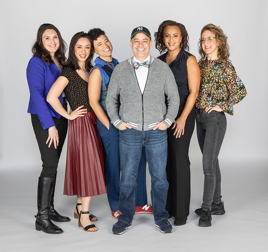 (from left) Liz Wisan, Jennifer Paredes, Rami Margron, director James Vásquez, Opal Alladin, and Jenn Harris of the West Coast premiere of Hurricane Diane by Madeleine George, directed by James Vásquez, running February 8 – March 8, 2020 at The Old Globe. Photo by Jim Cox.