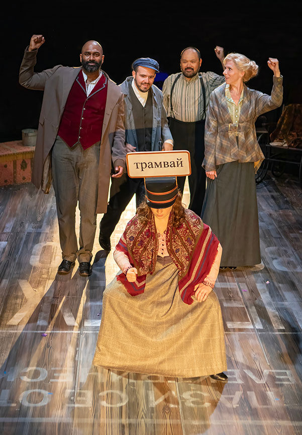 (from left) Juliet Brett (front) with Nik Walker, Vincent Randazzo, Orville Mendoza, and Stephanie Gibson in The Old Globe’s production of Crime and Punishment, A Comedy. Photo by Jim Cox.