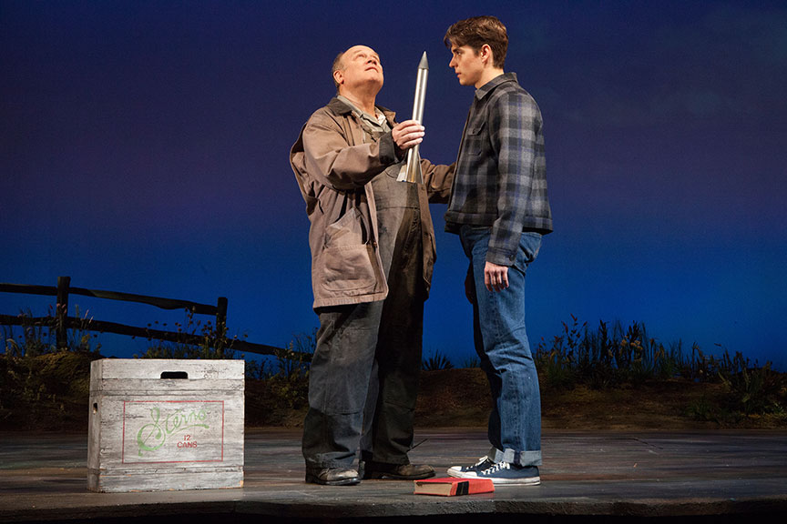 (from left) Joel Blum as Ike Bykovski and Kyle Selig as Homer Hickam in the West Coast premiere of October Sky, with book by Brian Hill and Aaron Thielen, music and lyrics by Michael Mahler, directed and choreographed by Rachel Rockwell, inspired by the Universal Pictures film and Rocket Boys by Homer H. Hickam, Jr., running Sept. 10 - Oct. 23, 2016 at The Old Globe. Photo by Jim Cox.