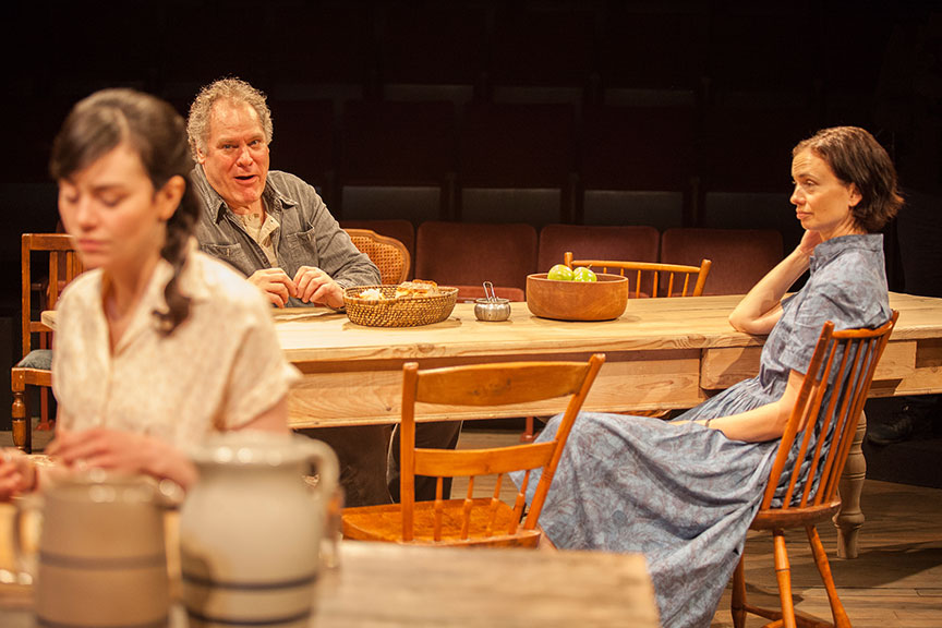 (from left) Celeste Arias as Eléna, Jay O. Sanders as Ványa, and Yvonne Woods as Sónya Alexándrivna in Uncle Vanya, translated by Richard Pevear and Larissa Volokhonsky, directed and translated by Richard Nelson, running February 10 – March 11, 2018 at The Old Globe. Photo by Jim Cox.