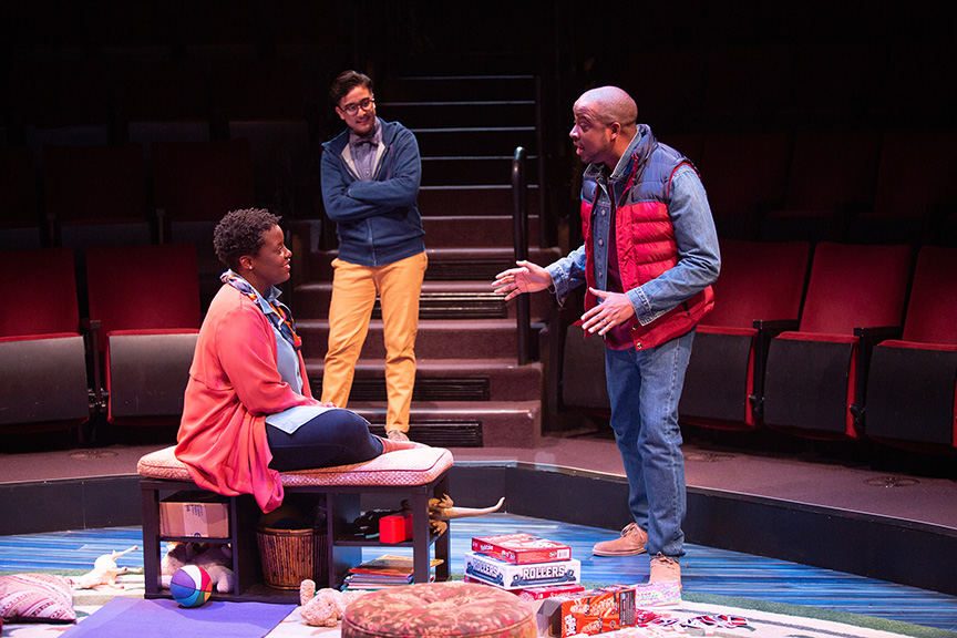 (from left) Dorcas Sowunmi as Letter Writer #2, Avi Roque as Letter Writer #3, and Keith Powell as Letter Writer #1 in Tiny Beautiful Things, runs February 9 – March 17, 2019 at The Old Globe. Photo by Jim Cox.