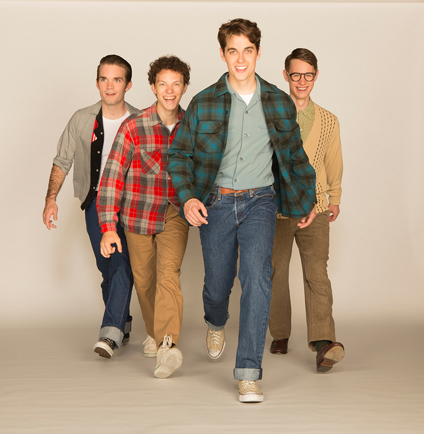 (from left) Patrick Rooney appears as Roy Lee, Austyn Myers as O'Dell, Kyle Selig as Homer Hickam, and Connor Russell as Quentin in the West Coast premiere of October Sky, with book by Brian Hill and Aaron Thielen, music and lyrics by Michael Mahler, directed and choreographed by Rachel Rockwell, inspired by the Universal Pictures film and Rocket Boys by Homer H. Hickam, Jr., running Sept. 10 - Oct. 23, 2016 at The Old Globe. Photo by Jim Cox.