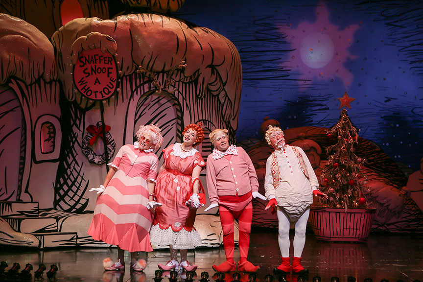 (from left) Bets Malone as Grandma Who, Ariella Kvashny as Mama Who, Noah Rivera as Papa Who, and Larry Raben as Grandpa Who in Dr. Seuss’s How the Grinch Stole Christmas!, 2023. Photo by Jim Cox.