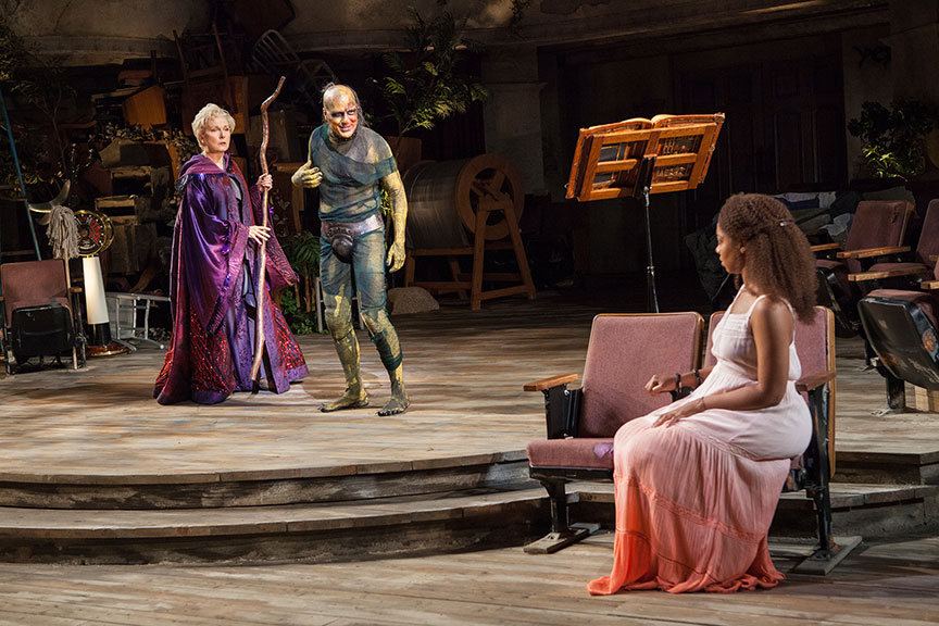 Kate Burton as Propera, Manoel Felciano as Caliban, and Nora Carroll as Miranda in The Tempest, by William Shakespeare, runsJune 17 – July 22, 2018 at The Old Globe. Photo by Jim Cox.
