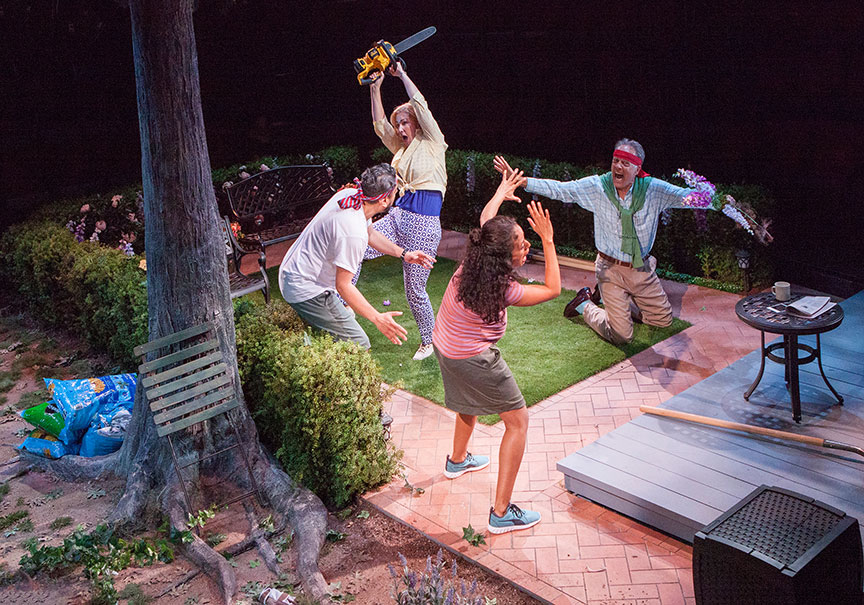 (from left) Eddie Martinez as Pablo Del Valle, Peri Gilpin as Virginia Butley, Kimberli Flores as Tania Del Valle, and Mark Pinter as Frank Butley in Native Gardens, written by Karen Zacarías, and directed by Edward Torres, running May 26 – June 24, 2018 at The Old Globe. Photo by Jim Cox.