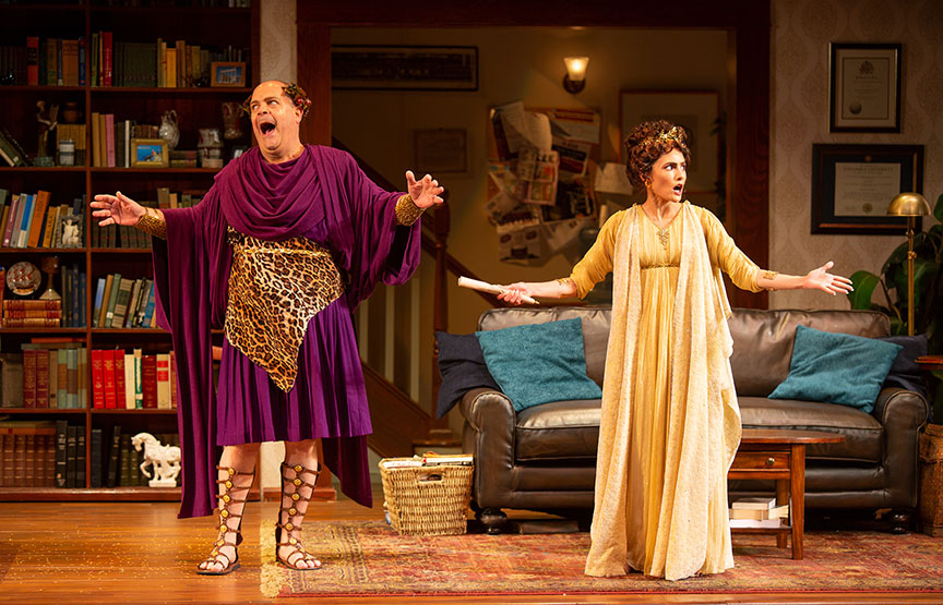 Brad Oscar as Dionysus and Jessie Cannizzaro in Ken Ludwig's The Gods of Comedy, running May 11 – June 16, 2019 at The Old Globe. Photo by Jim Cox.
