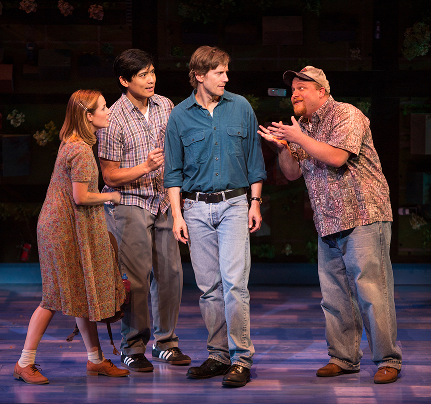 (from left) Hannah Elless as Joon, Paolo Montalban as Larry, Andrew Samonsky as Benny, and Jason SweetTooth Williams as Waldo in Benny & Joon, book by Kirsten Guenther, music by Nolan Gasser, lyrics by Mindi Dickstein, directed by Jack Cummings III, running September 7 – October 22, 2017 at The Old Globe. Photo by Jim Cox.