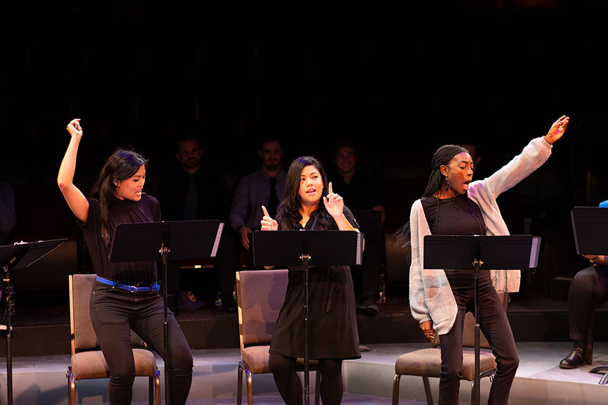(from left) Reanne Acasio, Carol Cabrera, and Alexandra Slade, Celebrating Community Voices at the Powers New Voices Festival, 2019. Photo by Rich Soublet II. 