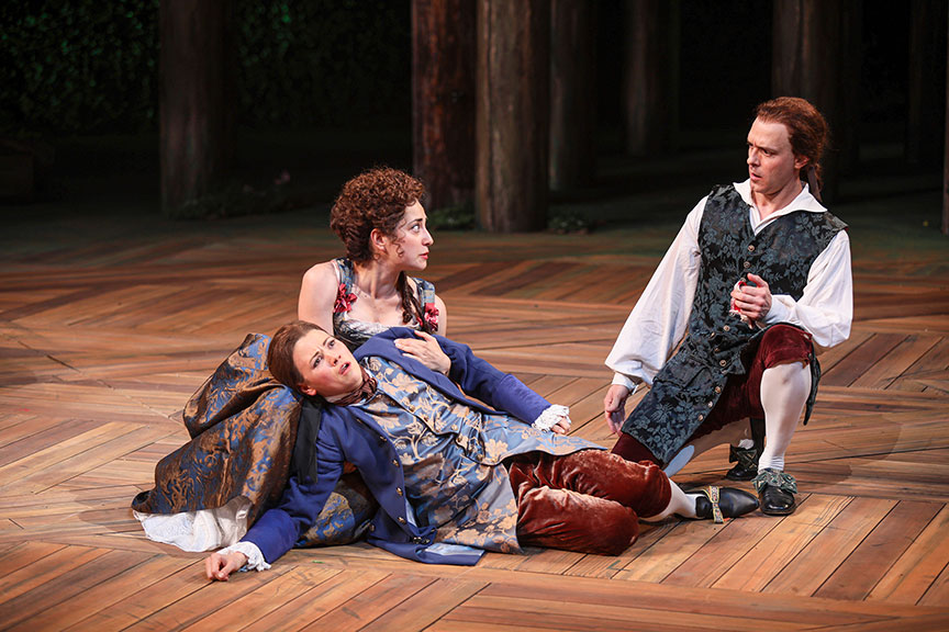 Meredith Garretson as Rosalind, Nikki Massoud as Celia, and Aubrey Deeker Hernandez as Oliver in As You Like It, by William Shakespeare, directed by Jessica Stone, running June 16 – July 21, 2019 at The Old Globe. Photo by Jim Cox.