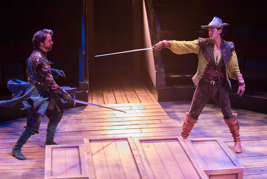 (from left) Manoel Felciano as Sir Guy of Gisbourne and Daniel Reece as Robin Hood in the Globe-commissioned world premiere of Ken Ludwig's Robin Hood!, running July 22 - August 27, 2017 at The Old Globe. Photo by Jim Cox.