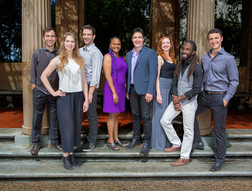 The cast of Globe for All 2015: (from left) Tyler Kent, Charlotte Bydwell, Patrick Zeller, Monique Gaffney, Christopher Salazar, Lindsay Brill, Jamal Douglas, and Lowell Byers. The 2015 production of The Old Globe's touring program Globe for All, featuring Shakespeare's Much Ado About Nothing, directed by Rob Melrose, begins its tour of community venues on Nov. 10 and runs through Nov. 22. Photo by Jim Cox.