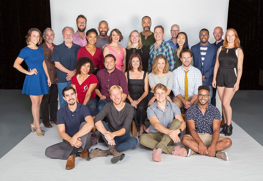Director Kathleen Marshall (center) with the cast of Much Ado About Nothing, by William Shakespeare, runs August 12 – September 16, 2018 at The Old Globe. Photo by Jim Cox.