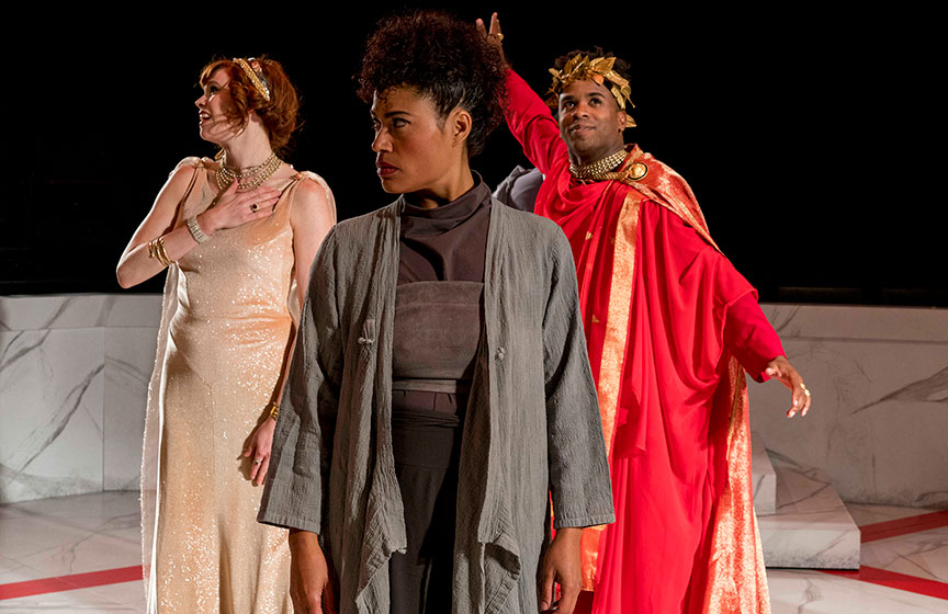 (from left) Summer Broyhill as Calphurnia, Yadira Correa as Caisus Cassius, and Jersten Seraile as Julius Caesar in The Old Globe and University of San Diego Shiley Graduate Theatre Program presentation of Shakespeare’s Julius Caesar, directed by Allegra Libonati, October 20–28, 2018 at The Old Globe. Photo by Daren Scott.