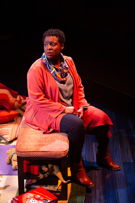 Dorcas Sowunmi as Letter Writer #2 in Tiny Beautiful Things, runs February 9 – March 17, 2019 at The Old Globe. Photo by Jim Cox.