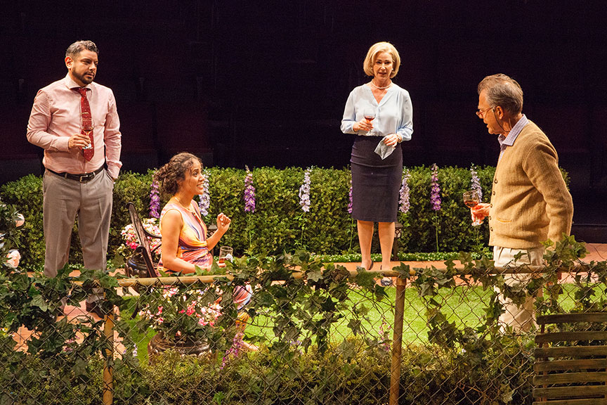 (from left) Eddie Martinez as Pablo Del Valle, Kimberli Flores as Tania Del Valle, Peri Gilpin as Virginia Butley, and Mark Pinter as Frank Butley in Native Gardens, written by Karen Zacarías, and directed by Edward Torres, running May 26 – June 24, 2018 at The Old Globe. Photo by Jim Cox.