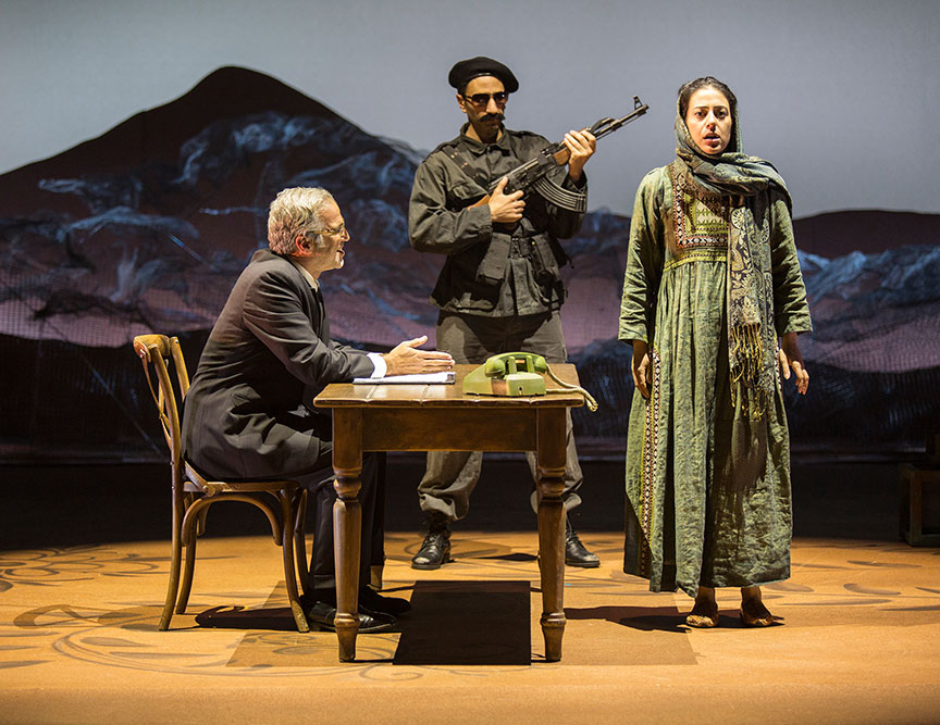 (from left) Joseph Kamal as Interrogator, Antoine Yared as Militiaman, and Nadine Malouf as Laila in A Thousand Splendid Suns, written by Ursula Rani Sarma, based on the book by Khaled Hosseini, directed by Carey Perloff, and co-produced by American Conservatory Theater, runs May 12 – June 17, 2018 at The Old Globe. Photo by Jim Cox.