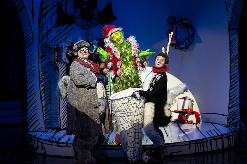 John Treacy Egan as Old Max, Andrew Polec as The Grinch, and Tommy Martinez as Young Max in Dr. Seuss's How the Grinch Stole Christmas!, 2021. Photo by Rich Soublet II.