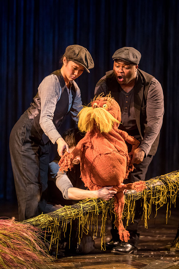 (from left) Meghan Kreidler, Rick Miller, and H. Adam Harris as The Lorax in Dr. Seuss's The Lorax, running July 2 – August 12, 2018 at The Old Globe. Photo by Dan Norman. 
