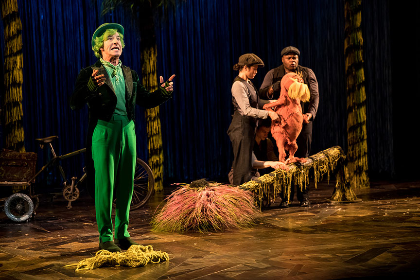 (from left) Steven Epp as The Once-ler, Meghan Kreidler, Rick Miller, and H. Adam Harris as The Lorax in Dr. Seuss's The Lorax, running July 2 – August 12, 2018 at The Old Globe. Photo by Dan Norman. 