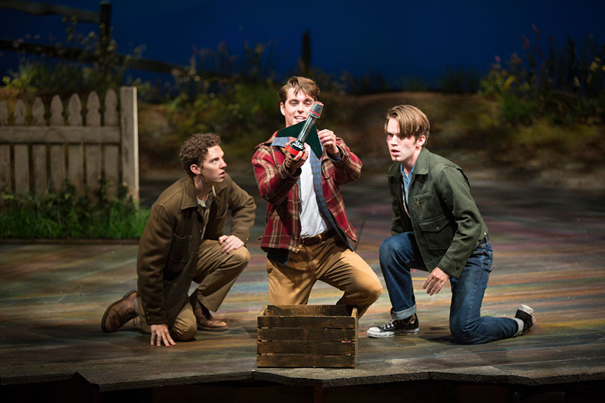 (from left) Austyn Myers as O'Dell, Kyle Selig as Homer Hickam, and Patrick Rooney as Roy Lee in the West Coast premiere of October Sky, with book by Brian Hill and Aaron Thielen, music and lyrics by Michael Mahler, directed and choreographed by Rachel Rockwell, inspired by the Universal Pictures film and Rocket Boys by Homer H. Hickam, Jr., running Sept. 10 - Oct. 23, 2016 at The Old Globe. Photo by Jim Cox.