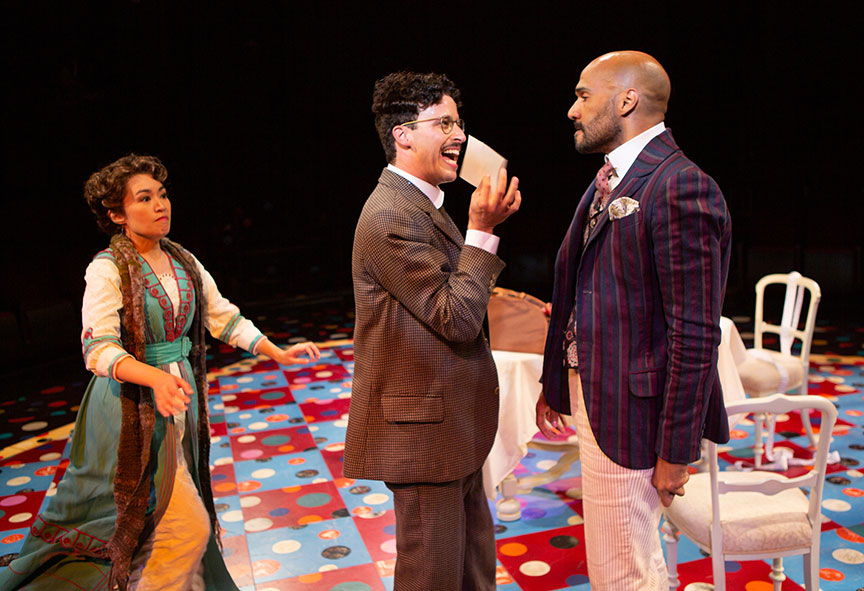 Regina De Vera as Louise Maske, Michael Bradley Cohen as Benjamin Cohen, and Luis Vega as Frank Versati in The Underpants, by Steve Martin, directed by Walter Bobbie, and adapted from Carl Sternheim, running July 27 – September 8, 2019 at The Old Globe. Photo by Jim Cox.Regina De Vera as Louise Maske, Michael Bradley Cohen as Benjamin Cohen, and Luis Vega as Frank Versati in The Underpants, by Steve Martin, directed by Walter Bobbie, and adapted from Carl Sternheim, running July 27 – September 8, 2019 at The Old Globe. Photo by Jim Cox.