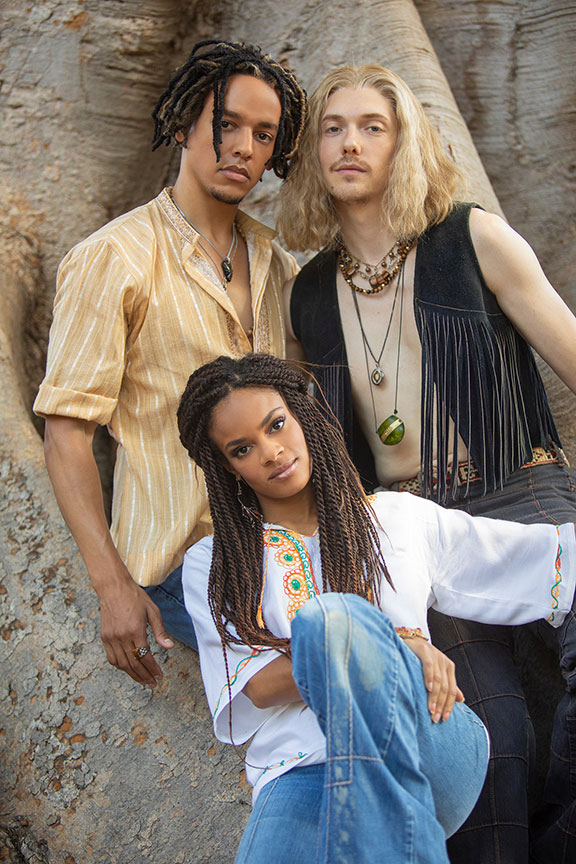 (from left) Tyler Hardwick appears as Claude, Storm Lever as Sheila, and Andrew Polec as Berger in Hair. Photo by Jim Cox. 