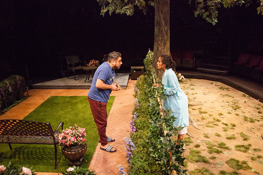 Eddie Martinez as Pablo Del Valle and Kimberli Flores as Tania Del Valle in Native Gardens, written by Karen Zacarías, and directed by Edward Torres, running May 26 – June 24, 2018 at The Old Globe. Photo by Jim Cox.