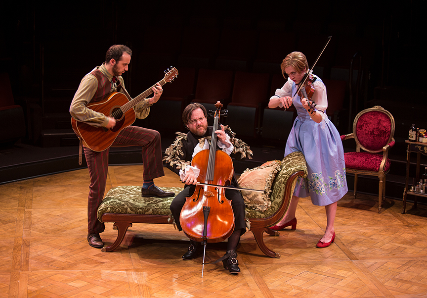(from left) Kevin Hafso-Koppman appears as Cléante, Paul L. Coffey as Thomas Diafoirus, and Jane Pfitsch as Angélique in the world premiere adaptation of Molière’s The Imaginary Invalid, adapted by Fiasco Theater, running May 27 – June 25, 2017 at The Old Globe. Photo by Jim Cox.