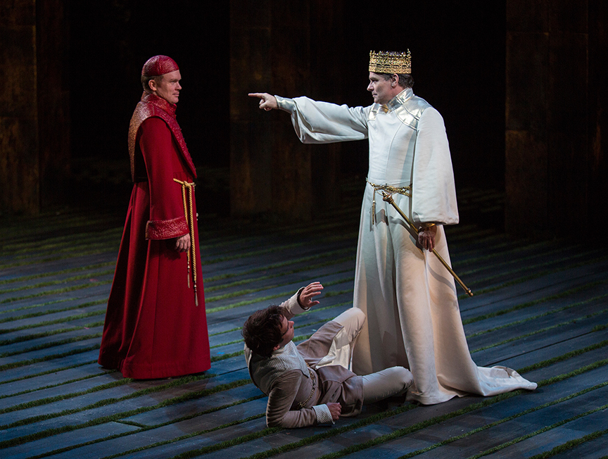 (from left) James Joseph O'Neil as Bishop of Carlisle, Jake Horowitz as Duke Aumerle, and Robert Sean Leonard as King Richard II in King Richard II, by William Shakespeare, directed by Erica Schmidt, running June 11 - July 15, 2017. Photo by Jim Cox.
